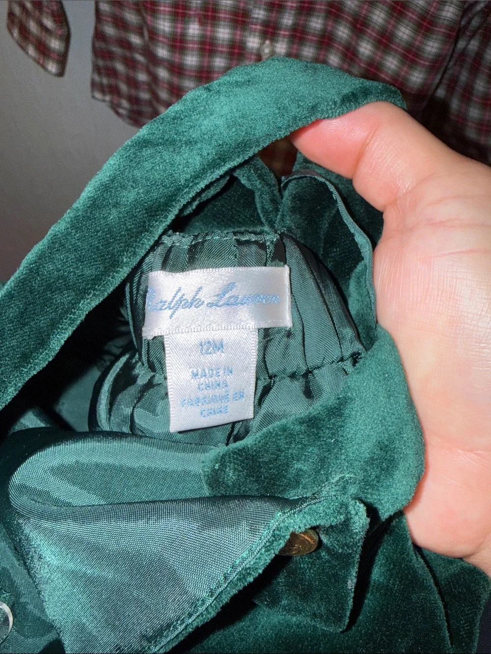 Ralph LaurenGreen Velvet Overalls and Plaid Shirt, 12 month (retail $175)